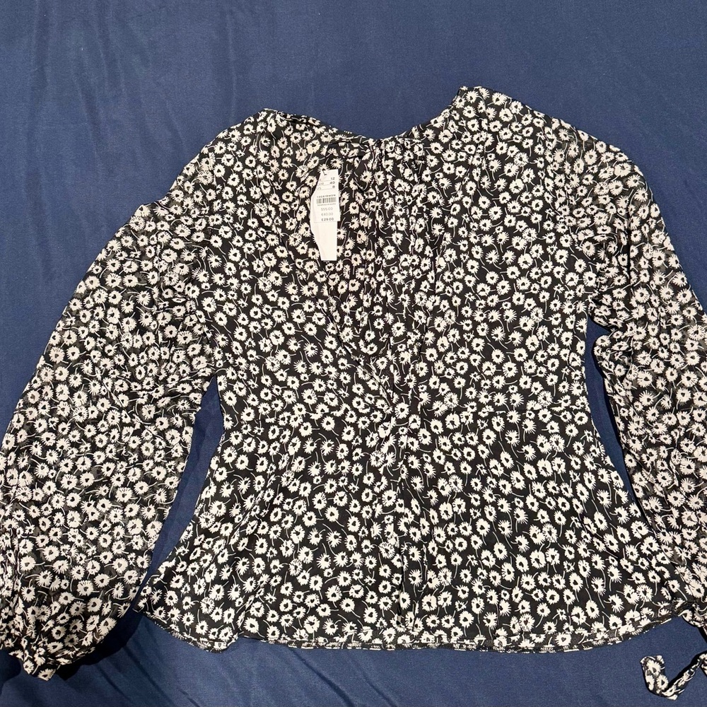 Topshop Black and White Print Sheer Sleeve Top